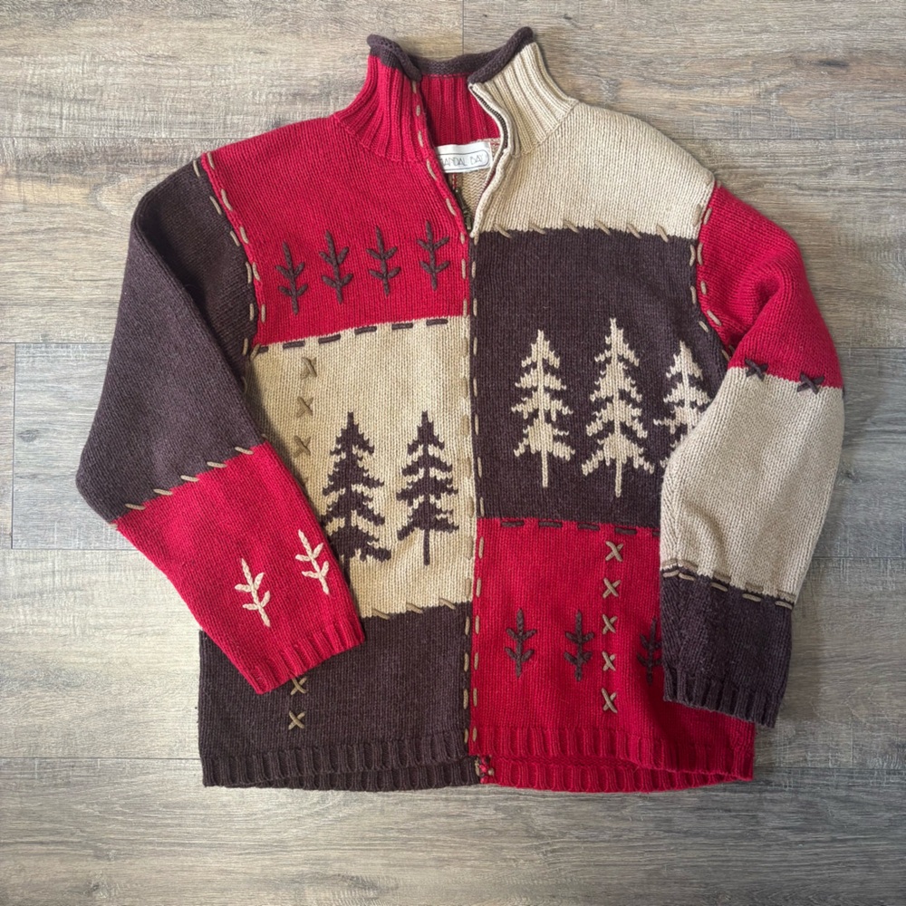 American Vintage Red and Brown Tree Pattern Sweater